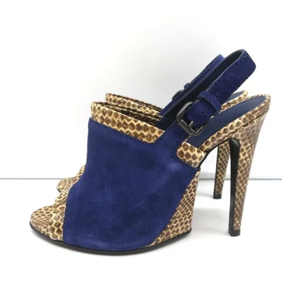 BOTTEGA VENETA SLINGBACK SANDALS NAVY SUEDE AND NATURAL SNAKESKIN SIZE 39 NEW - Picture 6 of 11